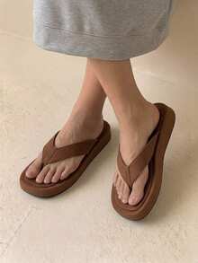 HighSole Spring And Summer New Wide Version Design Open Toe Thick Bottom Heightening Minimalist Sandals - Denim Brown - View 3