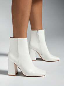 SHUZIA Women's Comfortable, Essential Vegan Leather Side Zipper Chunky Heels Booties Spring Shoes Spring Break Easter For Christmas - Beige - View 5
