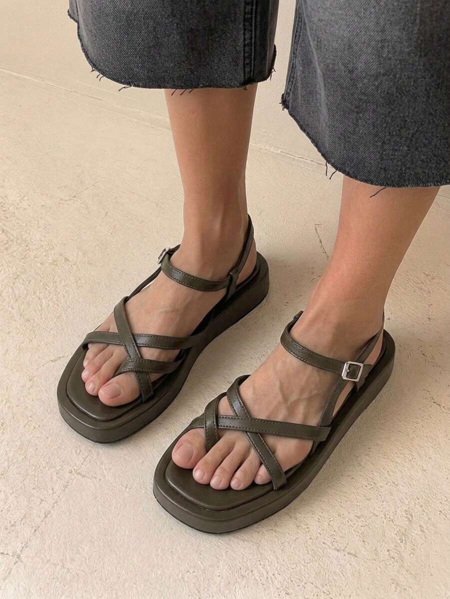 HighSole Women Shoes Spring And Summer New Multi-Belt Cross Back Buckle Design Open Platform Simple Versatile Style Sandals Daily Commuting Shopping Wear - Coffee Brown - View 1