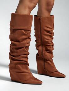 SHUZIA Women's Knee-High Pointed Toe Slouch Wedge Boots, Suitable For Daily Casual & Holiday Wear - Brown - View 2