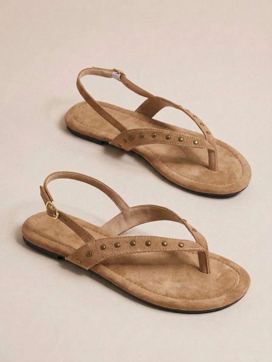 HighSole Women's Shoes Chocolate-Colored Riveted Flip-Flops, Inlaid With Retro Gold Pyramid Decoration, Spring And Summer Street And Beach Wear - Camel - View 1