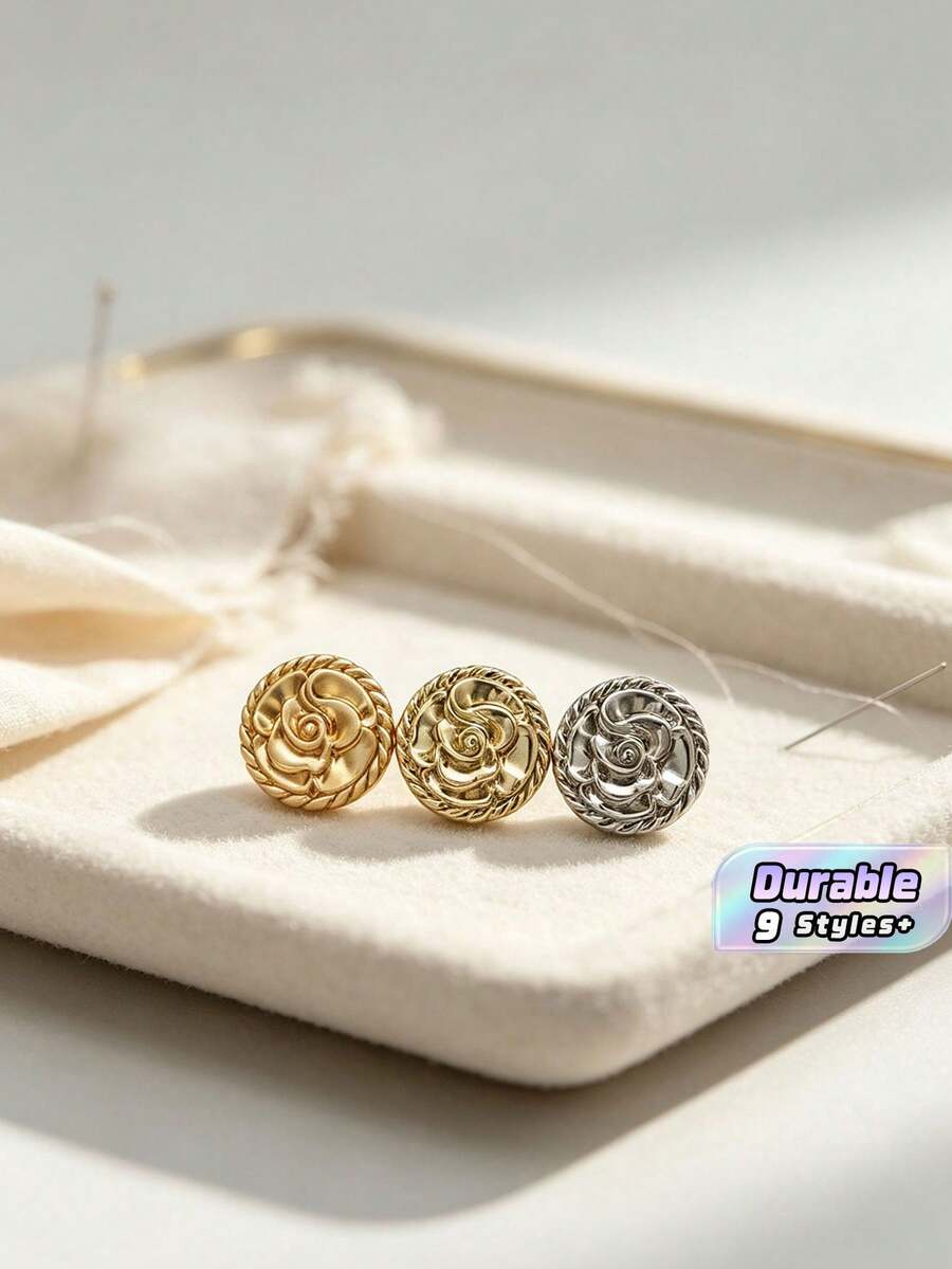 Paket 10 Buah Kancing Logam Bulat Berbentuk Bunga dengan Tepi Berpilin, Pengikat Dekoratif untuk Sweater, Mantel, Pakaian Luar, Jas, dan Aksesoris Jahit Pakaian. - 10pcs - View 1