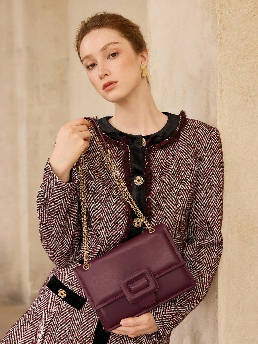 MOTF WOMEN'S FASHION BURGUNDY SHOULDER BAG, EXQUISITE CHAIN, CLASSIC VERSATILE FLIP SMALL SQUARE BAG, SUITABLE FOR DAILY, COMMUTING, SHOPPING, TRAVEL - Burgundy - View 1