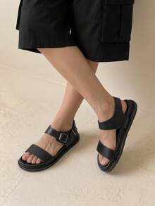 HighSole 女式夏季2025新款厚底凉鞋，平底运动凉鞋 - 黑色 - 查看 4