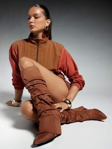 SHUZIA Women's Knee-High Pointed Toe Slouch Wedge Boots, Suitable For Daily Casual & Holiday Wear - Brown - View 6