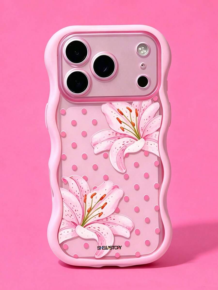 ShellaStory Y2K Cute Pink Lily Flower Polka Dot Wave Edge Phone Case Compatible With IPhone 17 Pro Max 17 Pro 16 Pro 16 Pro Max 15 Pro Max 15 Pro 14 Pro Max 14 13 Pro Max 13 Pro 13 Fashion Lovely Floral Matte Transparent Protective Cover - Pink - View 1