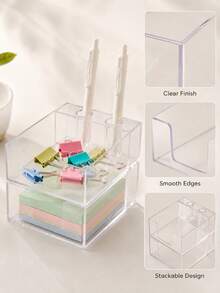 Haus Hana Clear Stackable Desktop Storage Box, Minimalist Stationery & Sundry Organizer For Sticky Notes, Pens, Clips, Cards, Books, Office Supplies, Home Workspace, Desk, Shelf, Bedroom, Daily Organization & Housewarming Gift - Multicolor - View 8