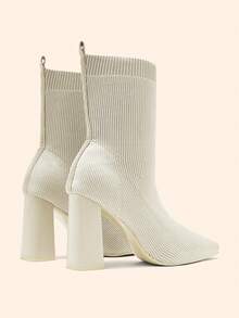 CUCCOO BASICS Women's Fashion Simple Pointed Elastic Knitted Breathable Black Short Boots, Thick Heel Design - Beige fly weaving - View 5