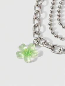 ROMWE Grunge Punk 1Pc Mint Green Flower Chain Pendant, Fresh Girly Multi-Layer Silver Chain Green Flower Skull Hand Bone Chain Pendant - Multicolor - View 3