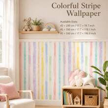 1 Roll Watercolor Stripe Peel & Stick Wallpaper, Removable PVC Wall Decor For Kids Bedroom, Nursery & Playroom, 3 Patterns, 3 Sizes - Multicolor - View 2