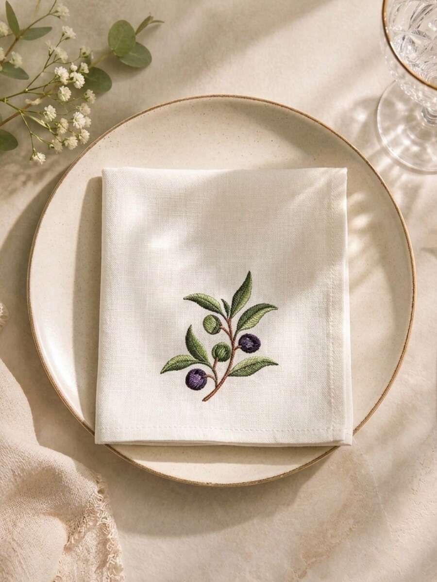 Cirelle 1/2/4件刺繡橄欖枝布餐巾,綠色植物刺繡布製餐巾,鄉村地中海風餐桌布,適用餐飲裝飾 - 彩色 - 查看 1