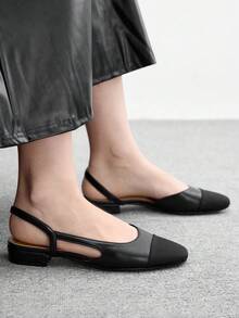 CUCCOO BIZCHIC Women's Spring, Autumn And Summer Square Toe Color Matching Rear Strap Flat Shoes, Low Square Heel Simple Commuting Daily Black Fall Shoes - Black - View 2