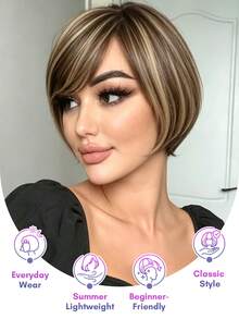BreezeEase Short Pixie Cut Human Hair Wig Mix Brown Highlight Side Bang Bob Wig Short Straight Style Daily Party Wear Glueless Wig For Women Easy Wear Beginner Friendly - SP4/27 - View 4