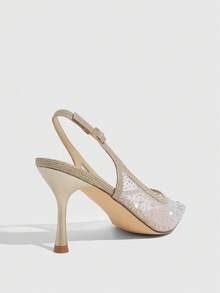 CUCCOO SZL Ladies Rhinestone Pointed Toe High Heels Translucent Fine Mesh Slingback Shoes Party Wedding Style - Champagne White - View 3
