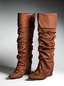 SHUZIA Women's Knee-High Pointed Toe Slouch Wedge Boots, Suitable For Daily Casual & Holiday Wear - Brown - View 4