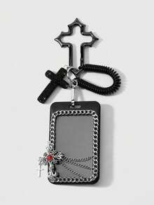 ROMWE 1 Heavy Industry Gothic Black Soft Pottery Rhinestone Cross Hollow Chain Acrylic Card DIY Stainless Steel Cross Keychain Bag Pendant, Worn By Girls - Black-28 - View 16