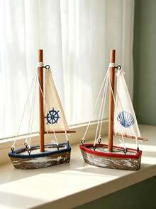 Cirelle 1pc Vintage Wooden Sailboat Decor, Rustic Nautical Boat Tabletop Ornament With Canvas Sail & Shell Pattern, Coastal Beach Theme Dining Table Decoration - multicolor - View 12