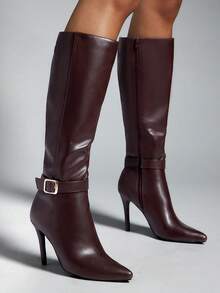 SHUZIA Elegant Women's Chocolate Faux Leather Pu Knee High Gold-Tone Hardware Pointed Toe High Heel Boot Fall Winter Holiday Shoe - Chocolate Brown - View 2