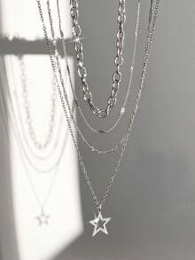 ROMWE Goth 4pcs/set Fashionable Punk Style Star Pendant Necklace - Silver - View 6