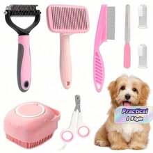 8-Piece Dog Grooming Kit, Self-Cleaning Pet Set With Scissors And Nail Clippers, Flea Comb, Pet Shampoo Brush, Excess Hair Removal Brush For Pets, Detangling Comb For Pets, Silicone Pet Toothbrush - Grey - View 2