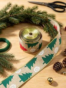 2.36 Inch Wide Christmas Wired Edge Burlap Ribbon, Vintage Burlap Fabric Ribbon With Golden Metallic Trim, Snowman & Xmas Tree Printed Design, Flexible Wired Ribbon For Wreath Making, Gift Wrapping, Bow Craft, Holiday Home DIY Decor - multicolor - View 8