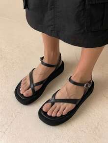 HighSole 女士黑色舒適厚底涼鞋 簡約交叉綁帶設計 圓頭低跟 時尚休閒風 麂皮包邊 戶外休閒旅行度假用 - 黑色 - 查看 4