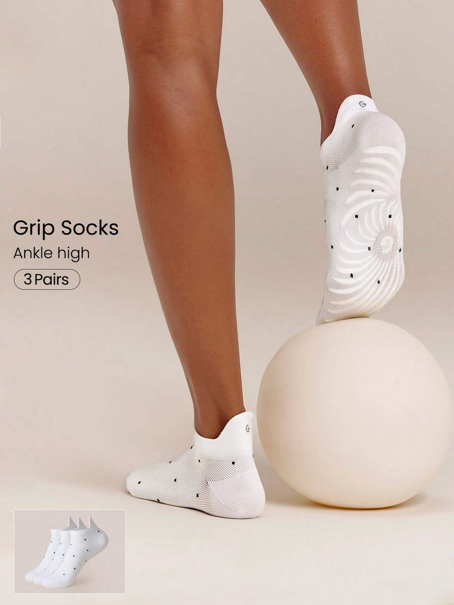GLOWMODE 3 Pack Polka Dot Grip Ankle Socks With Heel Tabs, Non-Slip Dots & Seamless Toe Yoga Pilates Barre Studio Daily Active Wear - White - View 1