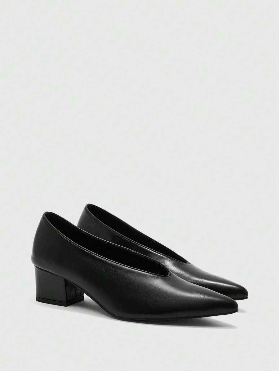 CUCCOO BIZCHIC Pointed Thick-Heeled Women's Shoes, Retro Elegant Shallow Pointed High Heels, Suitable For Business Commuting - Black - View 1