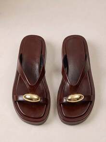 HighSole Ladies Slippers Cross Strap Design Metal Decorative Element Slippers - Burgundy - View 1