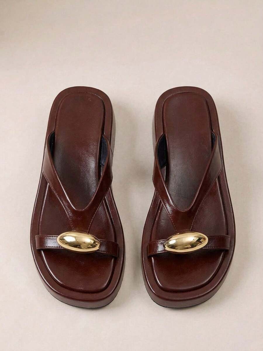 HighSole Ladies Slippers Cross Strap Design Metal Decorative Element Slippers - Burgundy - View 1