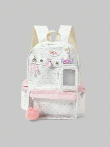 ROMWE 1 Buah Tas Ransel Sekolah Anak Perempuan Motif Bintang Putih Kawaii Manis Warna Pink dengan Paduan Warna, Liontin Catatan dan Kantong Transparan Banyak Sekat - Model bintang putih - View 1