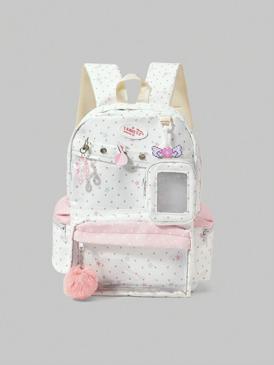 ROMWE 1 Buah Tas Ransel Sekolah Anak Perempuan Motif Bintang Putih Kawaii Manis Warna Pink dengan Paduan Warna, Liontin Catatan dan Kantong Transparan Banyak Sekat - Model bintang putih - View 1