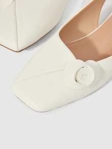 Sleekvia Women's Popular Fashion Gentle Solid Color Elegant Slip-On Rear Lift With Square Toe Flat Bottom White Shoes, Suitable For Daily Commuting - White - View 3