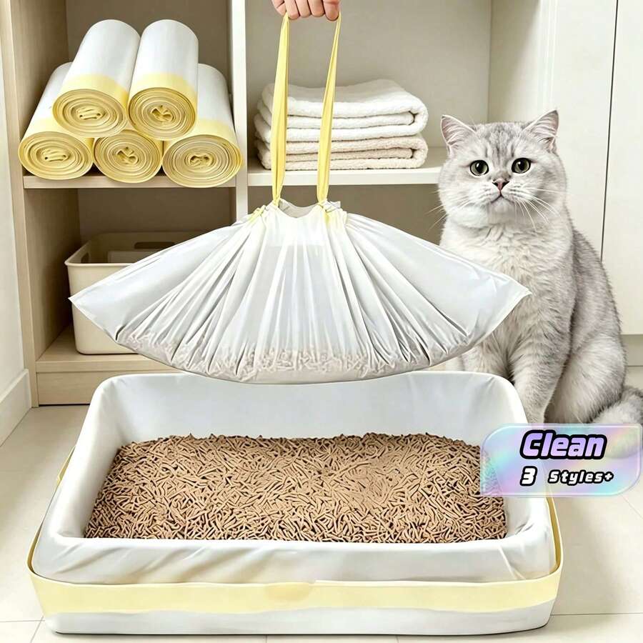 30pcs (3 Rolls) Cat Litter Bags, Cat Toilet Cleaning Bags,Drawstring Closure Continuous Roll Pet ThickenedPoop Bags, 10pcs/Roll - Multicolor - View 1