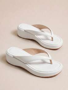HighSole 春夏新款白色厚底坡跟夾腳拖鞋女鞋，防滑增高休閒舒適涼鞋，百搭款戶外海灘度假首選，居家必備夾腳拖 - 白色 - 查看 6