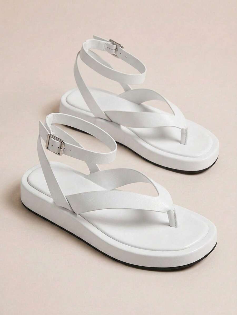 HighSole 女款春夏新款可調節綁帶設計夾腳露趾厚底增高白色涼鞋,柔軟舒適防滑,適合通勤、購物、音樂節、海邊度假、夏季旅行必備女鞋 - 白色 - 查看 1