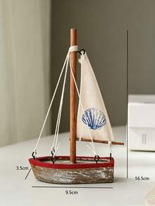 Cirelle 1pc Vintage Wooden Sailboat Decor, Rustic Nautical Boat Tabletop Ornament With Canvas Sail & Shell Pattern, Coastal Beach Theme Dining Table Decoration - multicolor - View 4