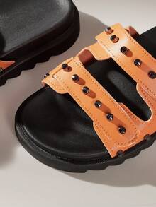 HighSole Sandal Selop Platform Modis Wanita dengan Hiasan Rivet untuk Natal - Jeruk - View 9