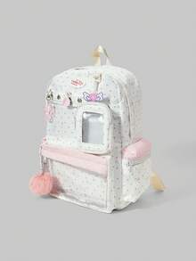 ROMWE 1 Buah Tas Ransel Sekolah Anak Perempuan Motif Bintang Putih Kawaii Manis Warna Pink dengan Paduan Warna, Liontin Catatan dan Kantong Transparan Banyak Sekat - Model bintang putih - View 3