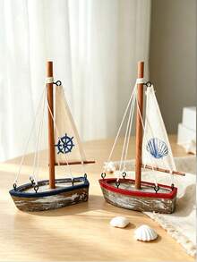 Cirelle 1pc Vintage Wooden Sailboat Decor, Rustic Nautical Boat Tabletop Ornament With Canvas Sail & Shell Pattern, Coastal Beach Theme Dining Table Decoration - multicolor - View 5