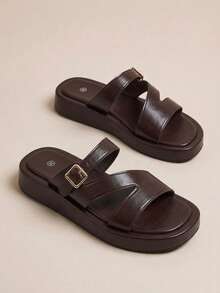 HighSole 女款交叉帶金屬扣法式極簡拖鞋 度假穿搭 - 咖啡棕 - 查看 5