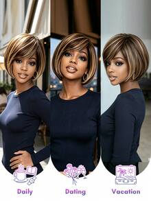 BreezeEase Short Pixie Cut Human Hair Wig Mix Brown Highlight Side Bang Bob Wig Short Straight Style Daily Party Wear Glueless Wig For Women Easy Wear Beginner Friendly - SP4/27 - View 2