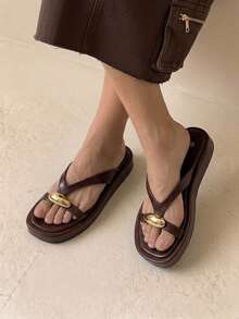 HighSole Ladies Slippers Cross Strap Design Metal Decorative Element Slippers - Burgundy - View 5