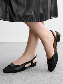 CUCCOO BIZCHIC Women's Spring, Autumn And Summer Square Toe Color Matching Rear Strap Flat Shoes, Low Square Heel Simple Commuting Daily Black Fall Shoes - Black - View 4