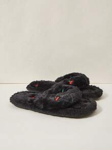 Cuccoo 女士居家拖鞋，夾腳式，毛絨，櫻桃刺繡，黑色，舒適 - -A5799黑色 - 查看 2