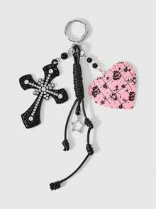 ROMWE 1 Piece Sweet Cool Diamond-Encrusted Cross Keychain Bag Pendant, Sweet Cool Spice Girl Goth Y2K Pink Love Pendant Retro Woven Rope Bag Pendant - black powder - View 1