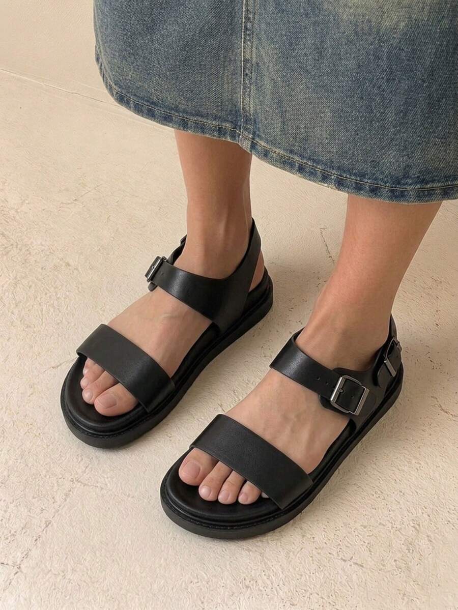 HighSole 女式夏季2025新款厚底凉鞋,平底运动凉鞋 - 黑色 - 查看 1