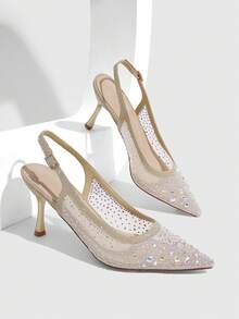 CUCCOO SZL Ladies Rhinestone Pointed Toe High Heels Translucent Fine Mesh Slingback Shoes Party Wedding Style - Champagne White - View 1