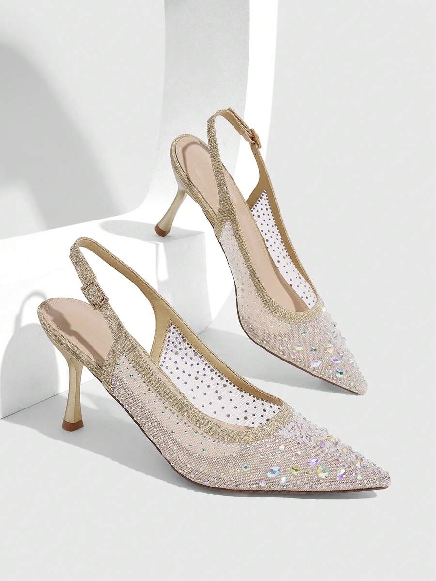 CUCCOO SZL Ladies Rhinestone Pointed Toe High Heels Translucent Fine Mesh Slingback Shoes Party Wedding Style - Champagne White - View 1