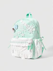 ROMWE Kawaii 1Pc Sweet Plaid Backpack, Star‑Decorated School Backpack, Aesthetic Lace Ruffle Preppy School Bag, Back‑To‑School & Travel Shoulder Bag - Green - View 2